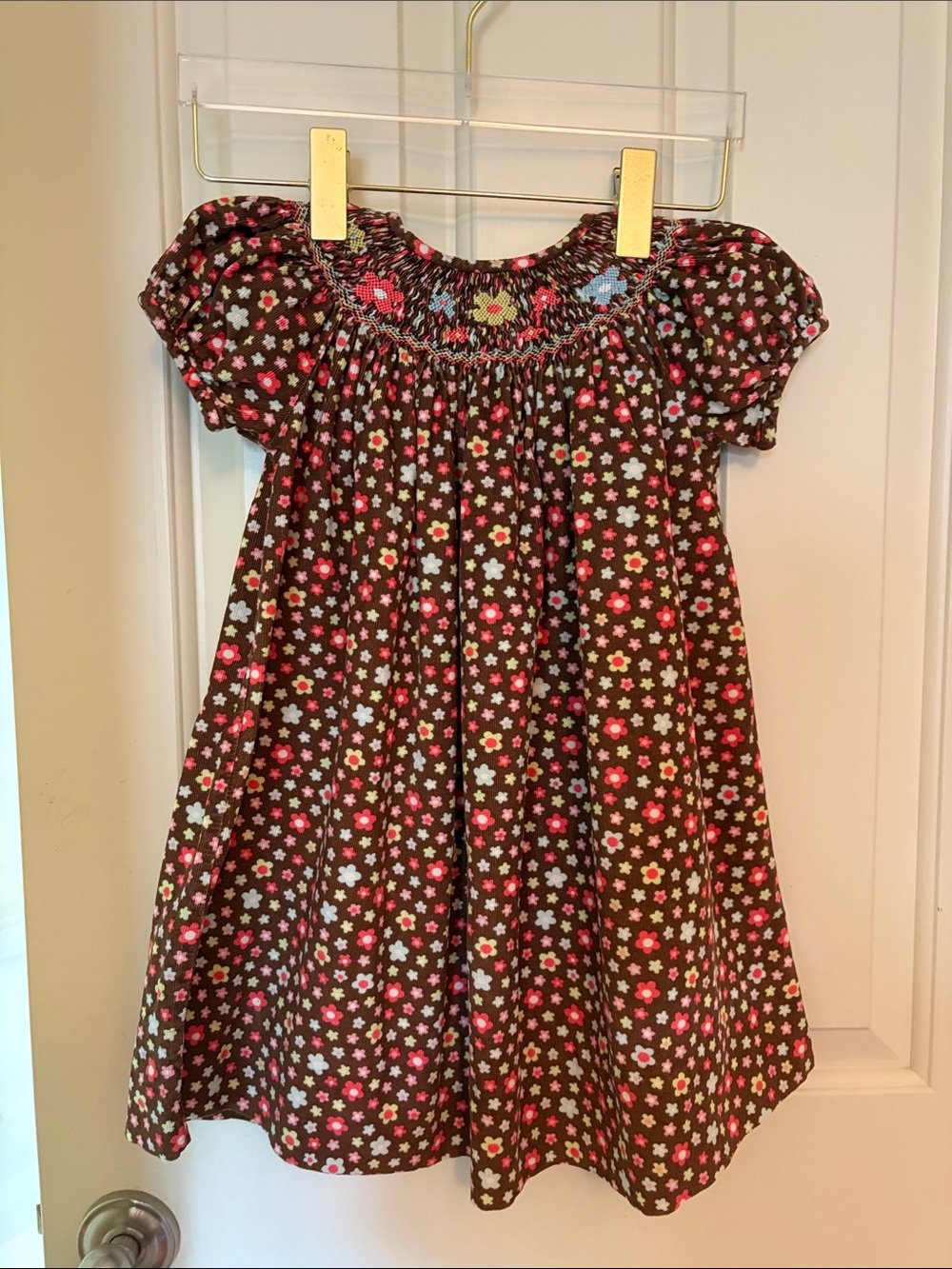Smocked Brown Floral Dress for Girls - Pink & White Flower Print